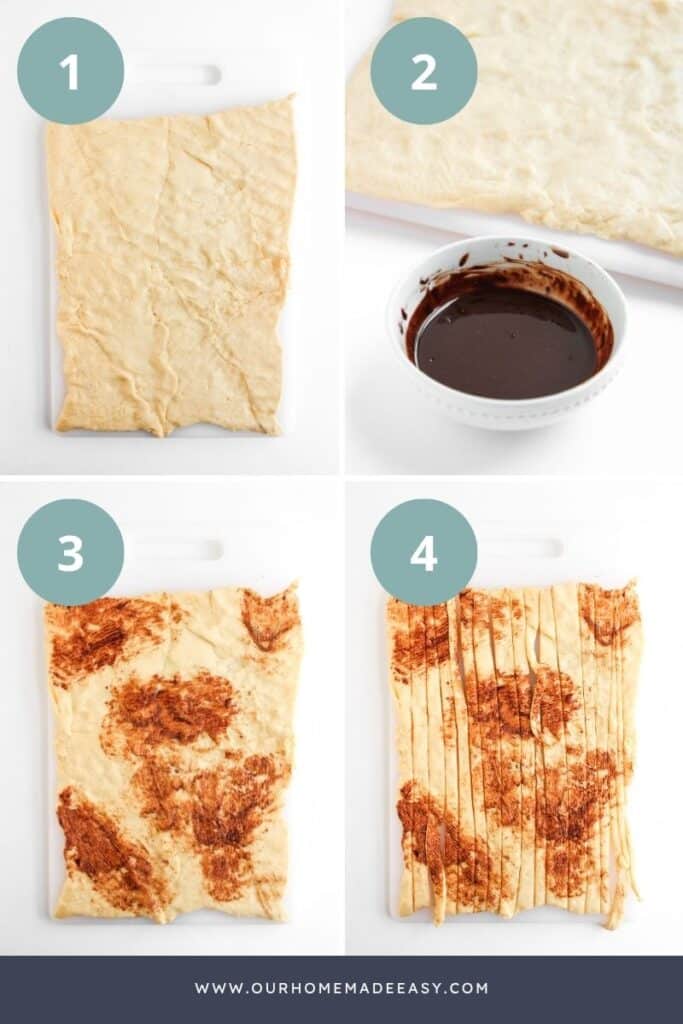 making mummy wrap using pillsbury crescent dough with thin strips 