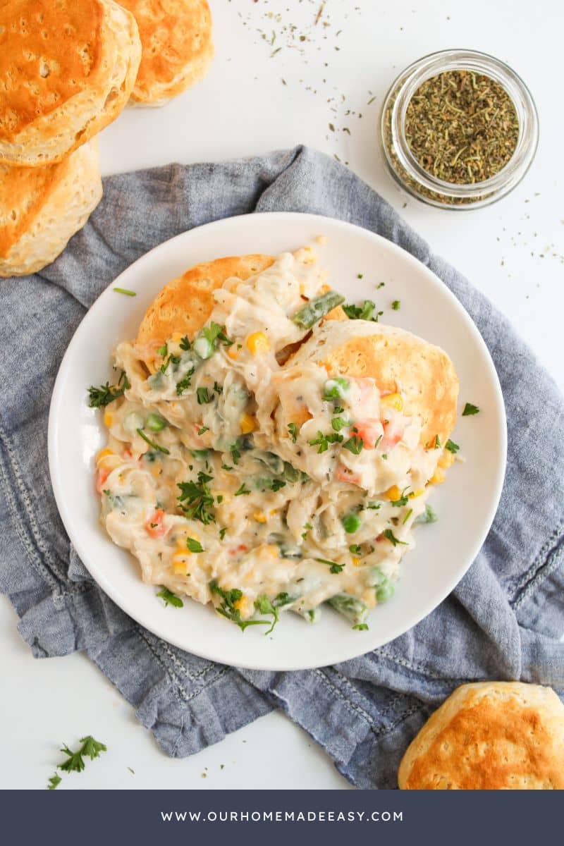 Plated No crust chicken pot pie and grands biscuits
