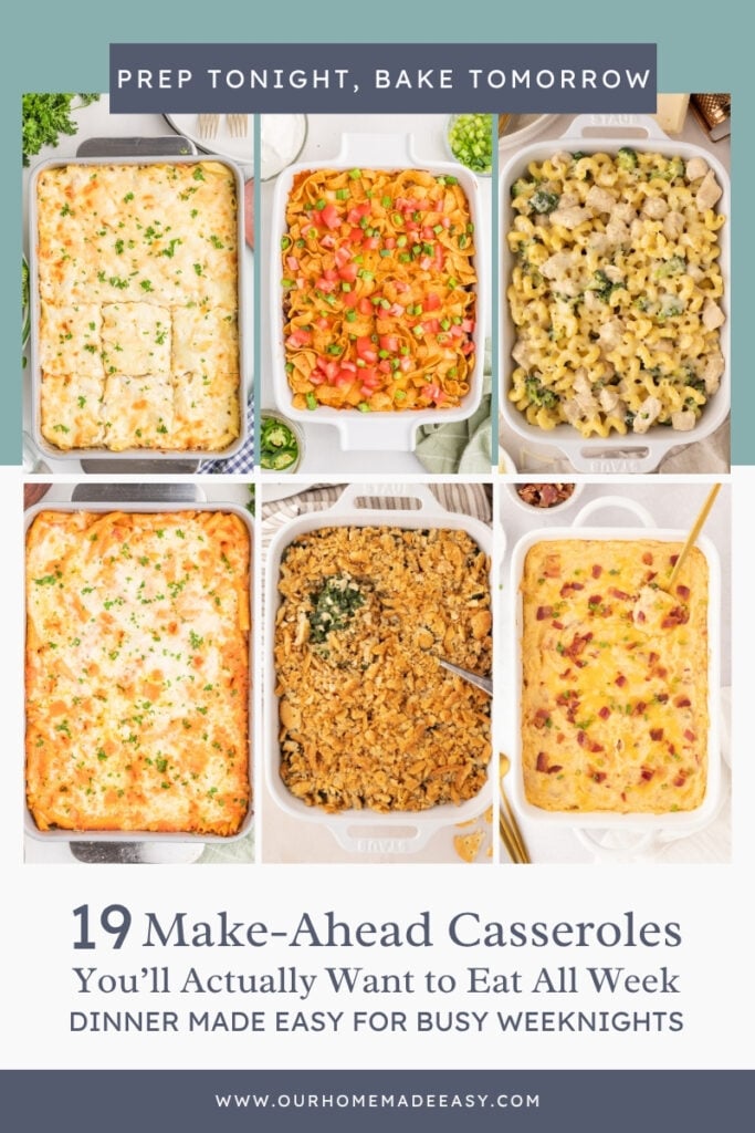 collage of make ahead casserole for meal planning and freezer meals