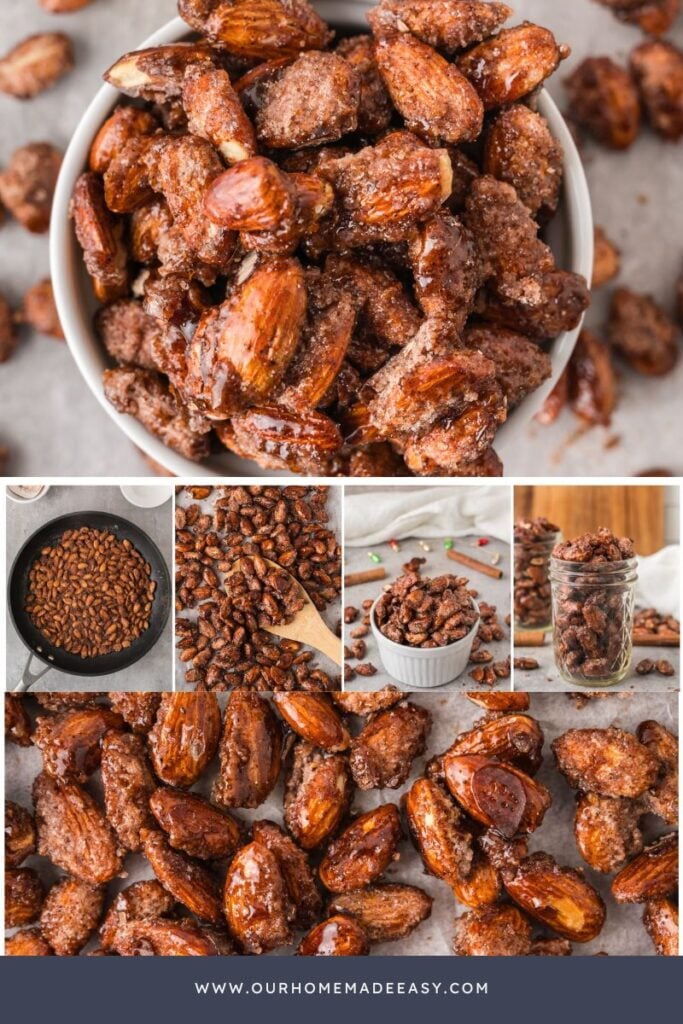 collage of cinnamon candied almonds