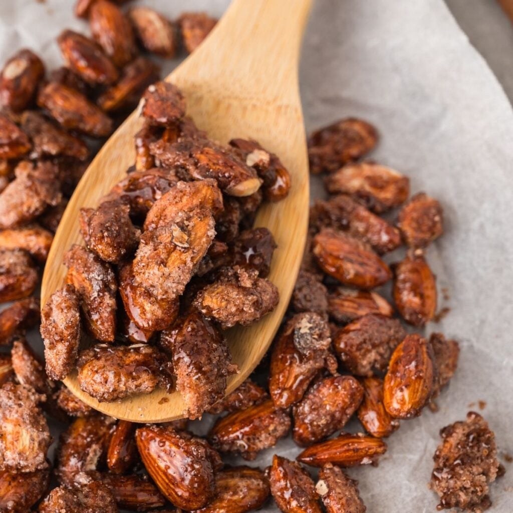 close up view of finished candied almonds
