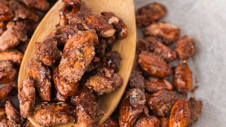 close up view of finished candied almonds