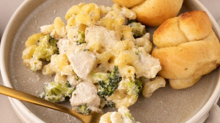 Chicken and Broccoli Pasta finished on dinner plate