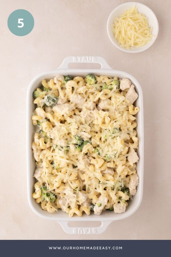 Chicken and broccoli pasta bake in casserole dish