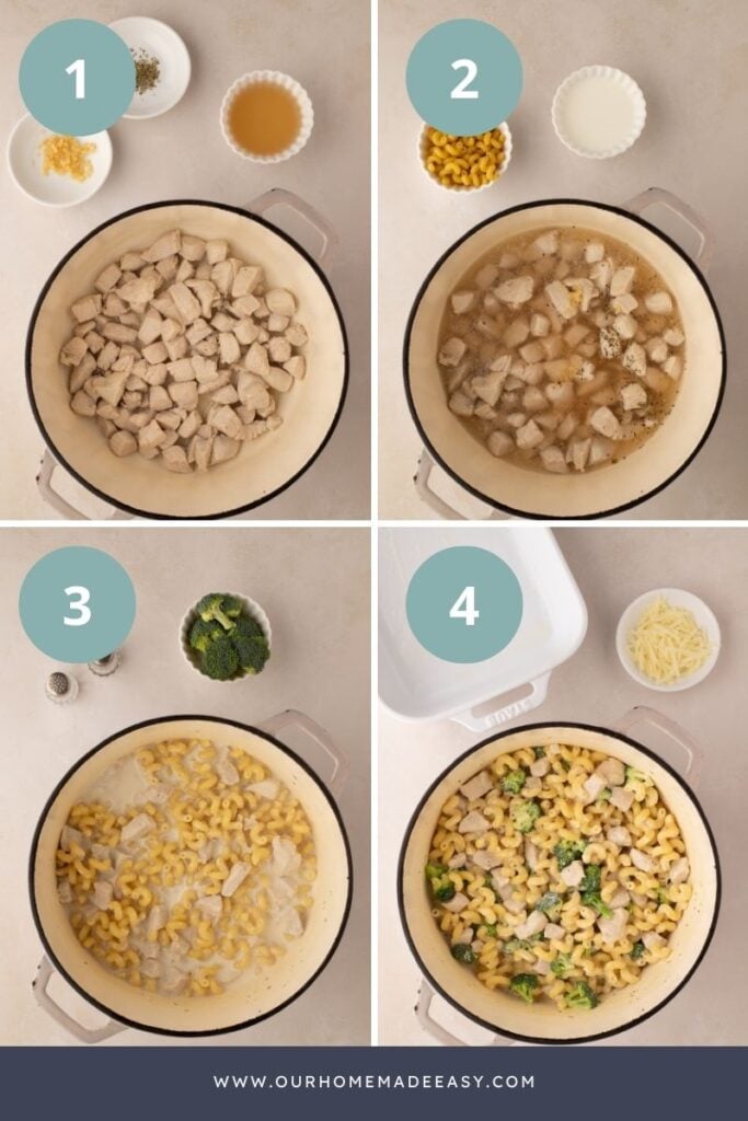 collage showing how to make chicken veggies pasta dish