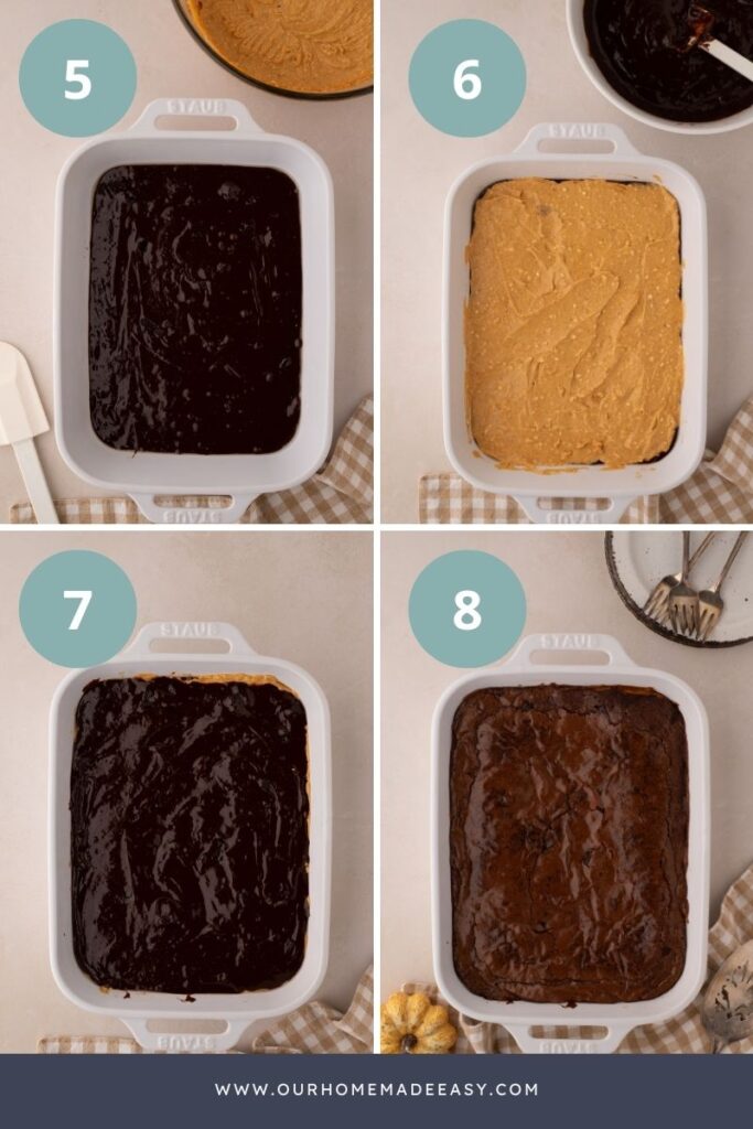 collage showing how to layer the pumpkin brownies for baking