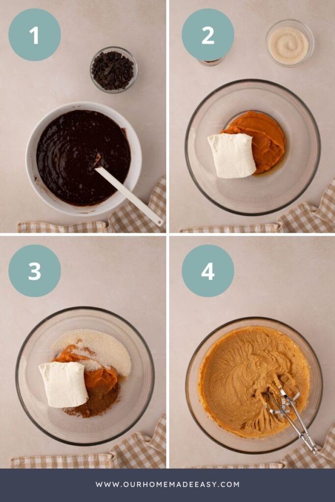 collage showing brownie batter and how to make the pumpkin pie spiced cream cheese layer