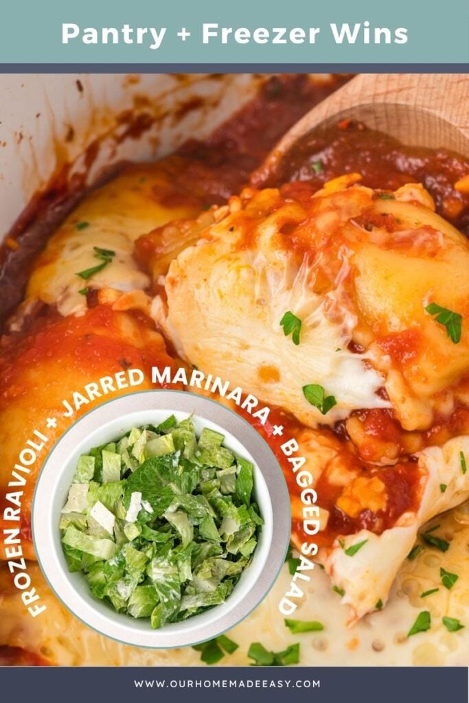 emergency dinner ideas with frozen ravioli and bagged salad for after 6PM dinner ideas