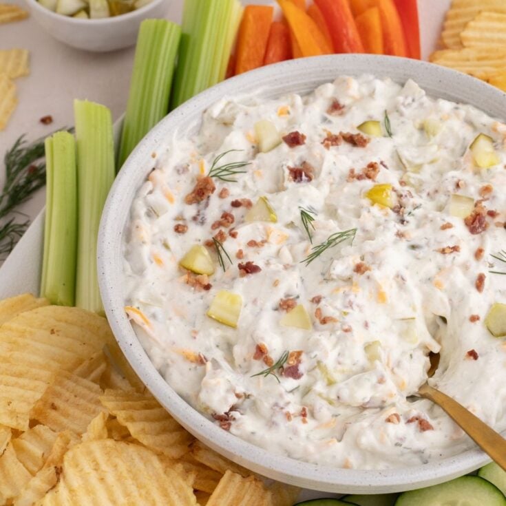 creamy dill pickle dip with bacon and ranch