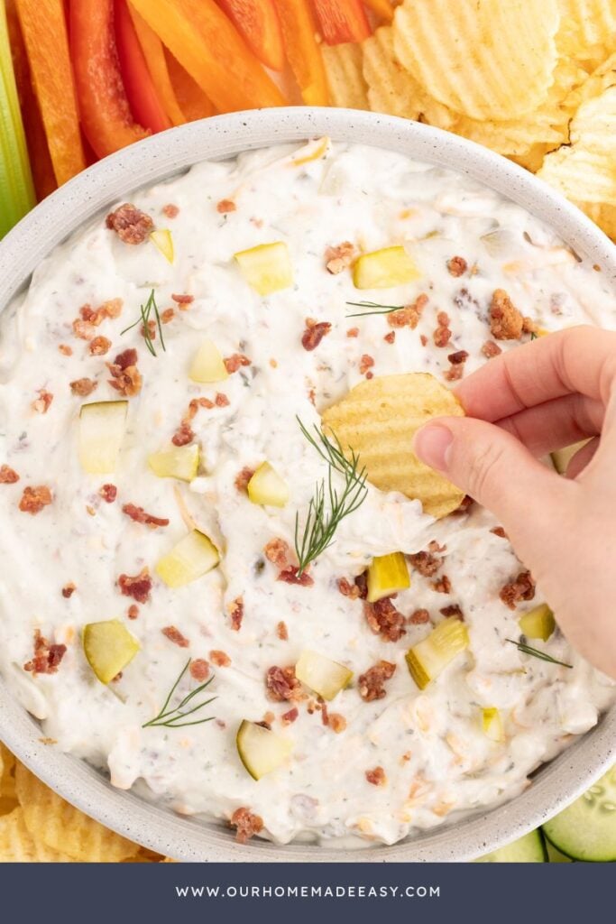 fresh dill pickle dip with bacon and ranch seasoning