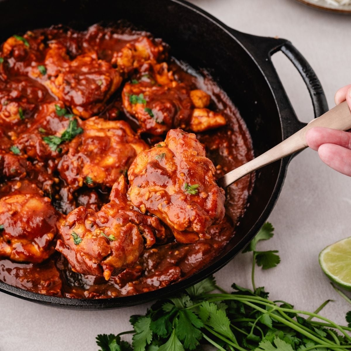 ancho chili glazed chicken in pan