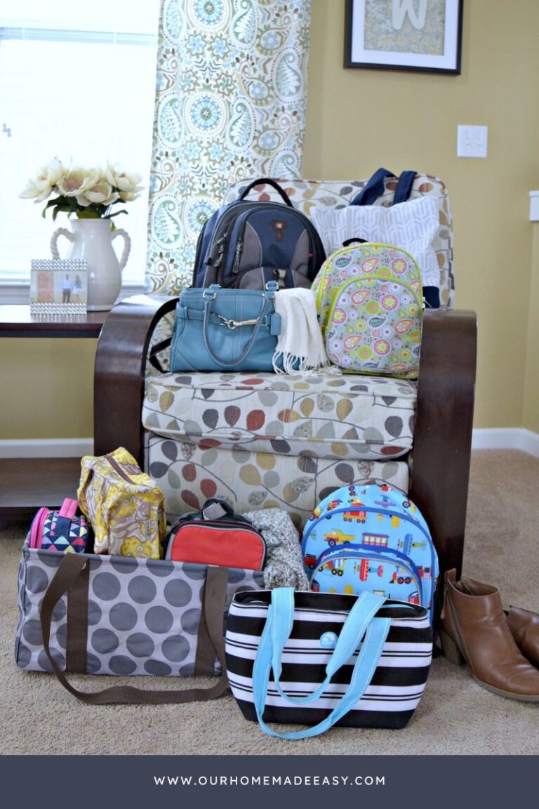 book bags, lunch bags arnd work bags ready for the work week.