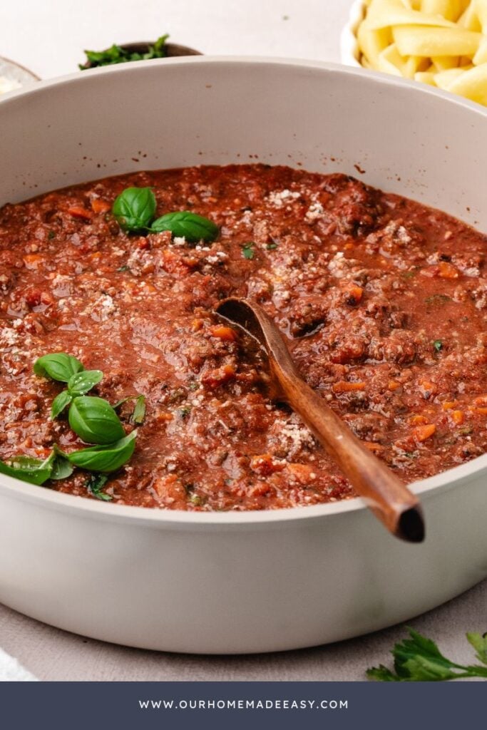 finished easy bolognese recipe in saute pan