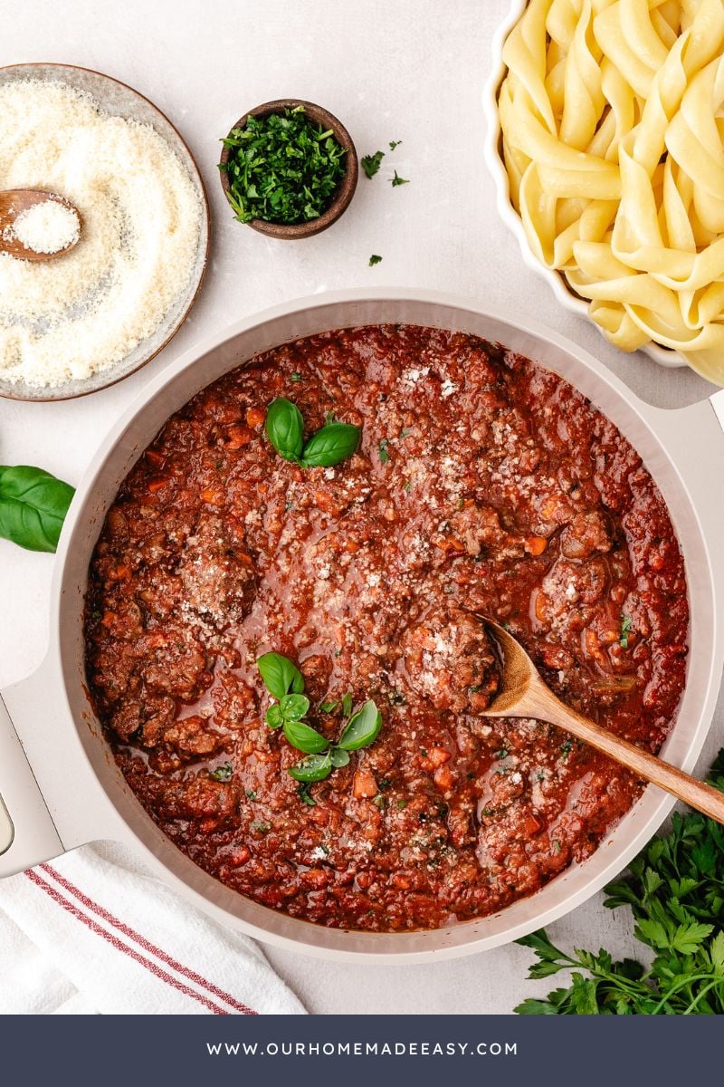 finished easy bolognese recipe in saute pan