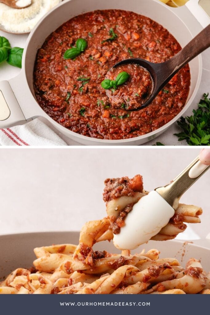 collage of finished homemade spaghetti sauce with meat