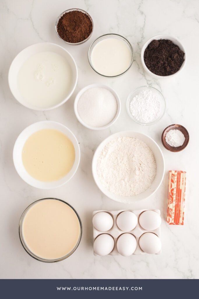 Chocolate tres leches cake ingredients on countertop