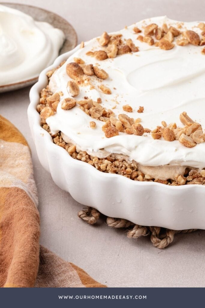 close up of finished no bake peanut butter pie