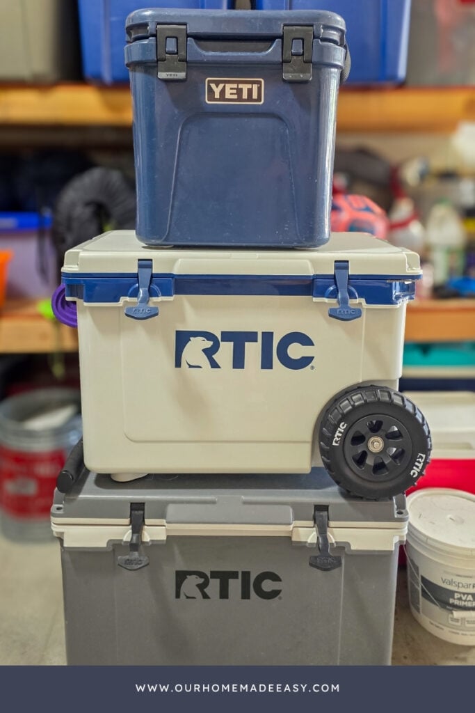 stack of YETI and RTIC Coolers