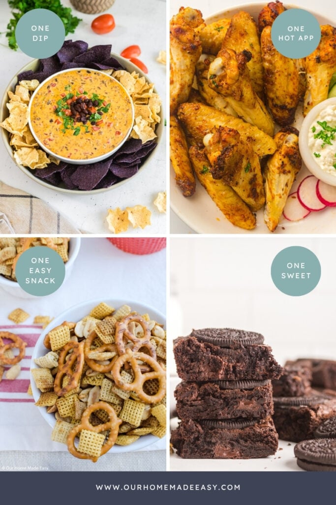 Easy football party menu with dip, wings, Chex Mix and Oreo brownies