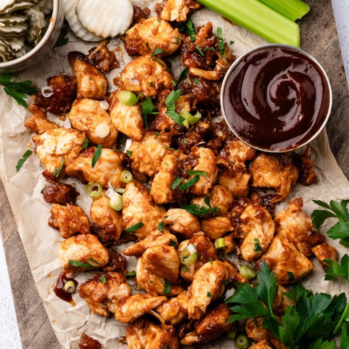 Tender chicken breast bites coated in a sweet and tangy barbecue glaze, cooked in one skillet.