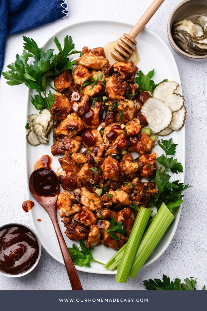 looking down at finished sticky BBQ chicken bites