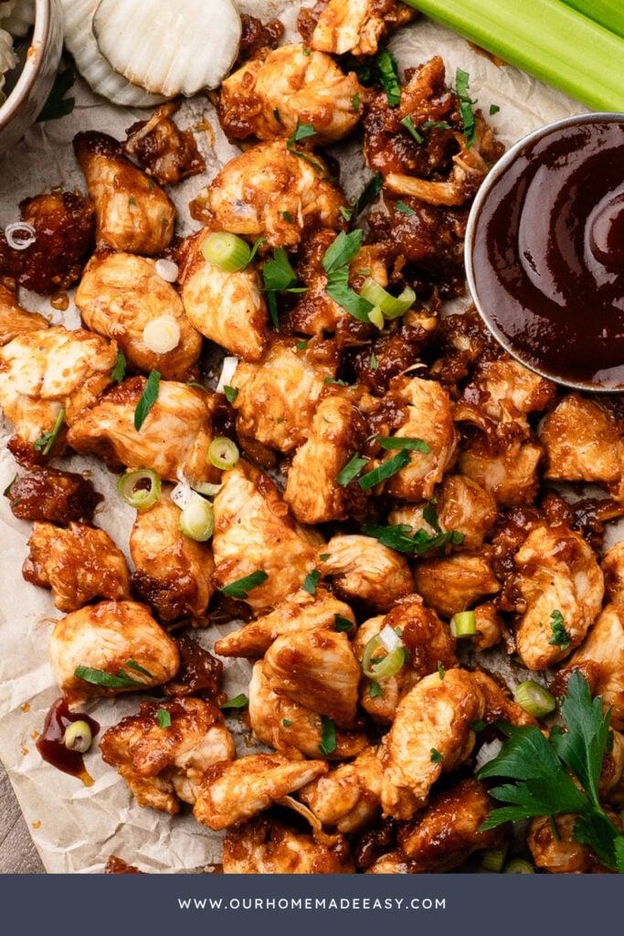 close up of sticky BBQ chicken bites