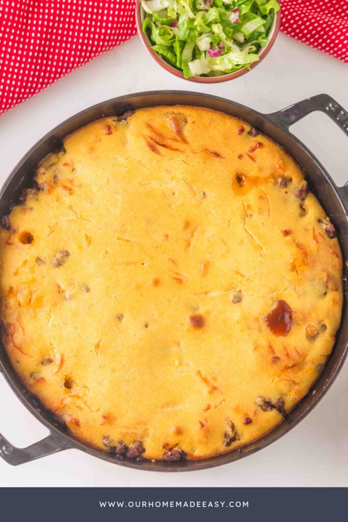 finished ground beef cornbread casserole on countertop