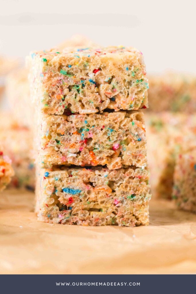 stack of homemade birthday cake rice krispie treats soft and chewy