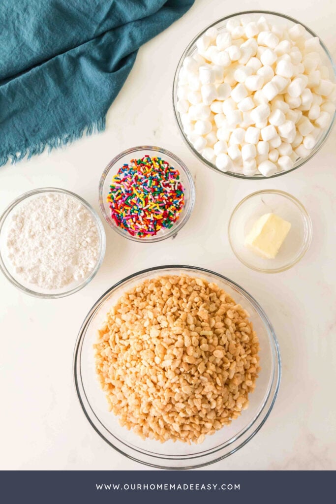 cake batter rice krispies ingredients on countertop
