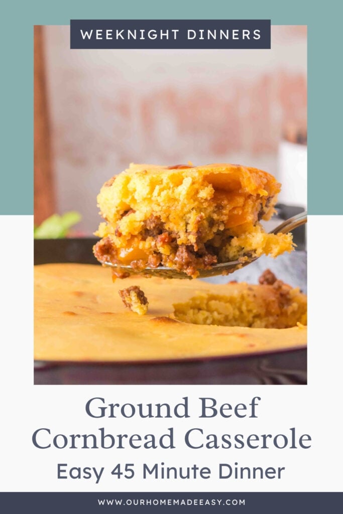 This Ground Beef Cornbread Casserole combines savory BBQ ground beef, crispy bacon, bell peppers, and a homemade cheesy cornbread topping.