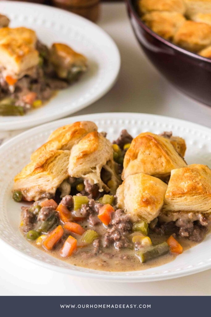 plated ground beef pot pie with canned biscuits