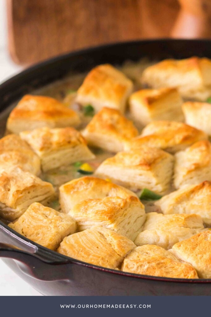 close up of canned biscuits on pot pie