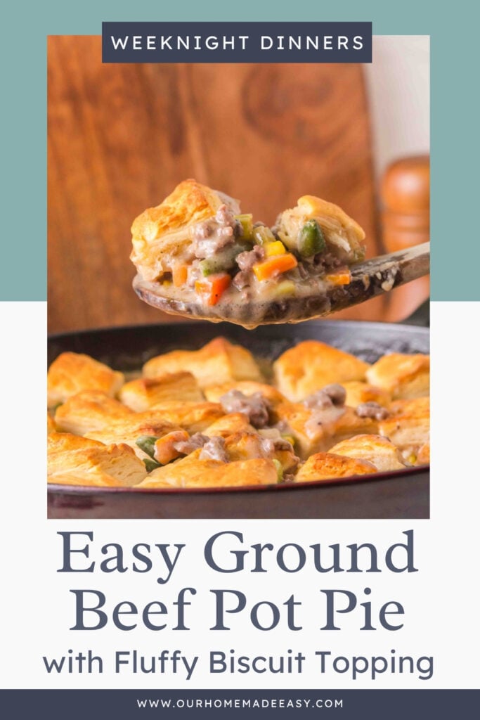 This ground beef pot pie is made with a creamy beef and vegetable filling and golden refrigerated biscuits baked right on top.