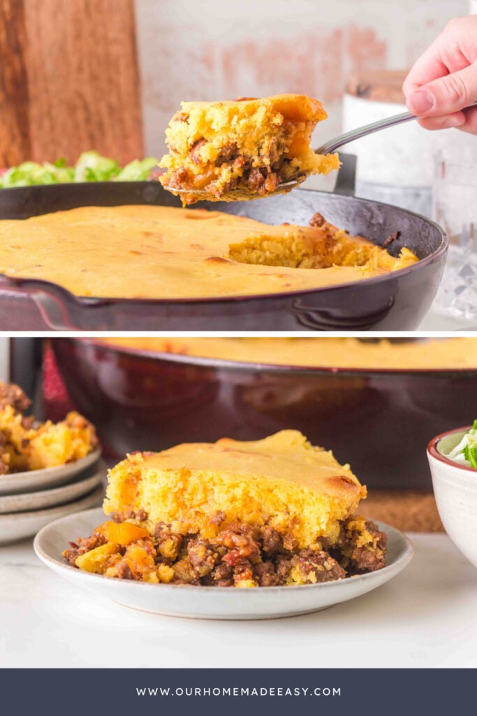 finished ground beef cornbread casserole collage