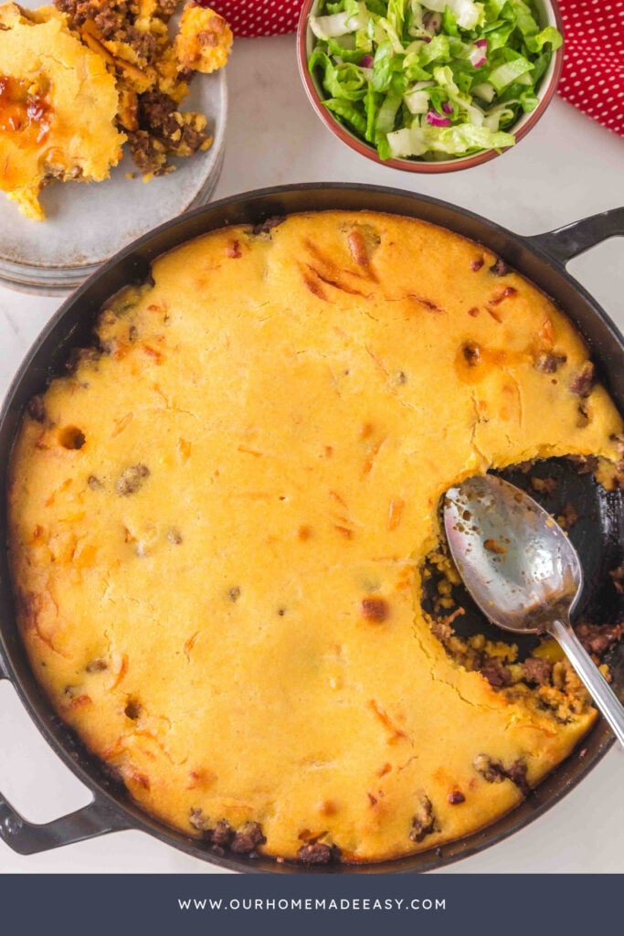 homemade bbq ground beef filling with homemade cornbread topping for a hearty weeknight dinner